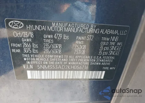 2019 Hyundai Santa Fe Ultimate z USA, uszkodzony, nr VIN 5NMS53AD2KH056716